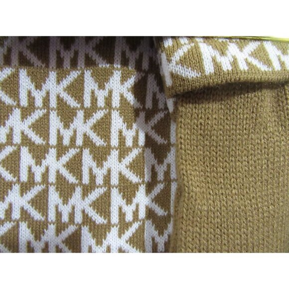 MICHAEL KORS 3 Piece Gloves Scarf Beanie Hat Dark Camel Cream Logo NWT NEW - Picture 2 of 2